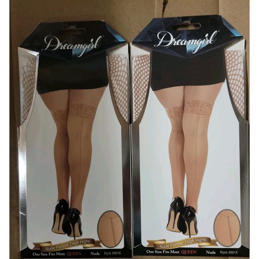 Lot Of 2 Women's Plus Size Beige Lace Top Thigh High Fishnet Tights New!